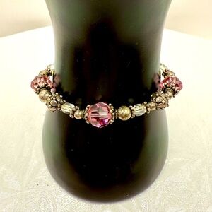 Elegant Pink and Silver Glass Beaded Bracelet 7”